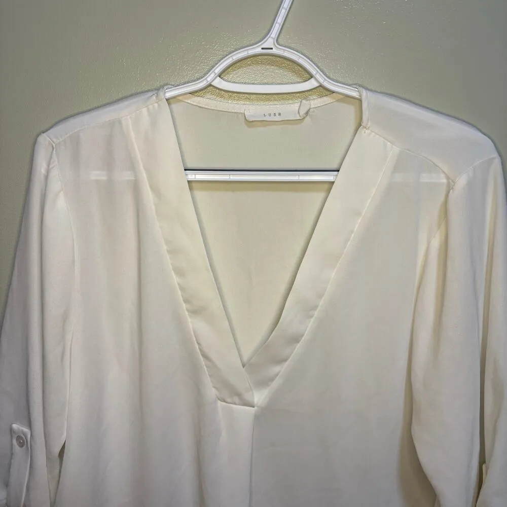 Lush White Semi-sheer 3/4 Sleeve V Neck Blouse Large Feminine Flowy Spring Light - Image 10