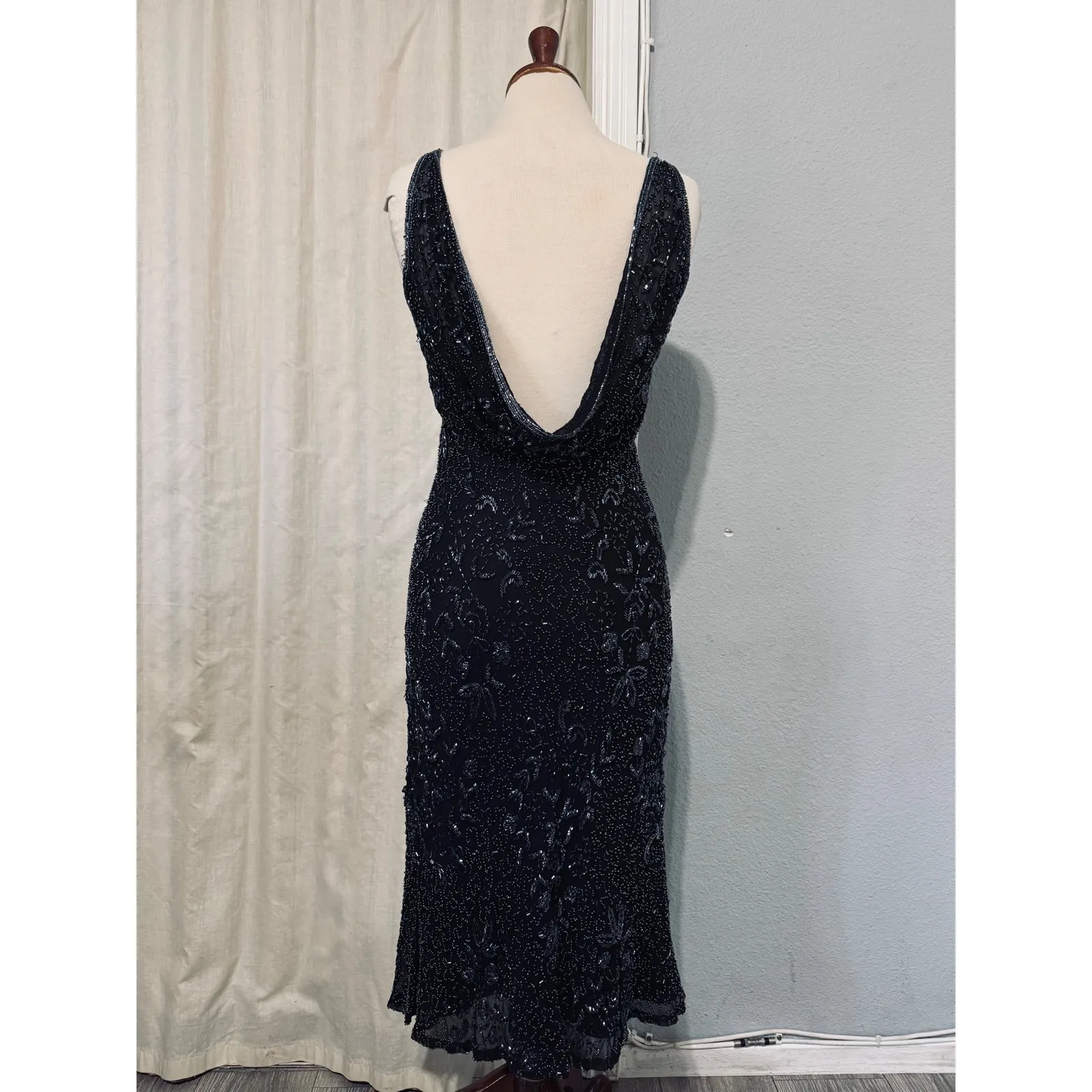 Scala Black Silk Beaded Sheer Illusion Neckline Cowl Back Formal Evening Dress M - Image 4