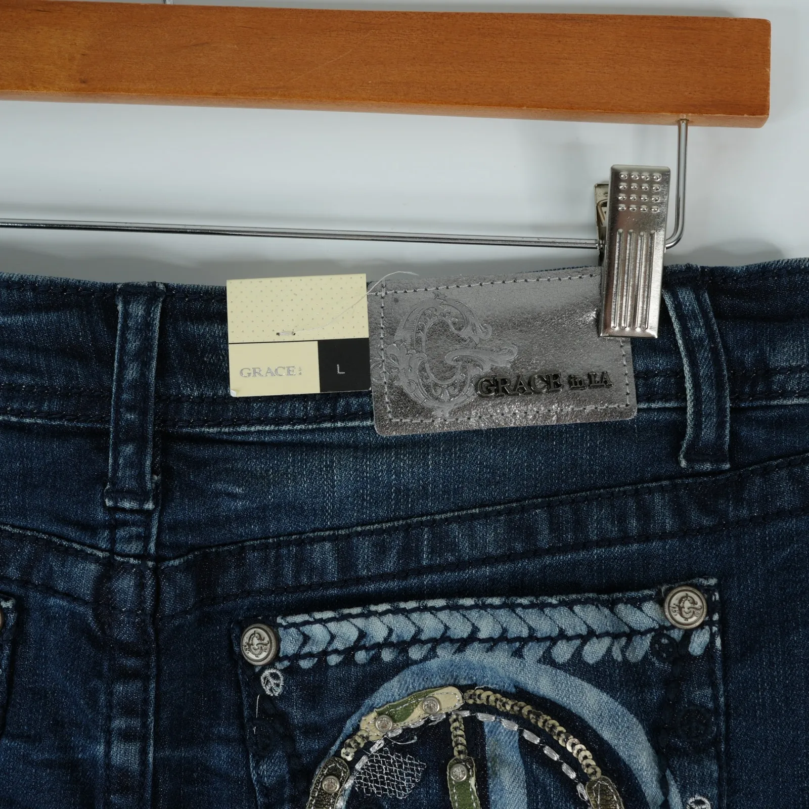 Grace in LA Skirt Womens L Embellished Rhinestone Peace Sign Designer Denim Jean Blue Size L - Image 3