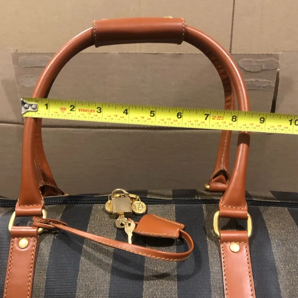 FENDI Pequin Pecan Stripe Bandolier Boston Travel Bag with FENDI Shoulder Strap - Image 11