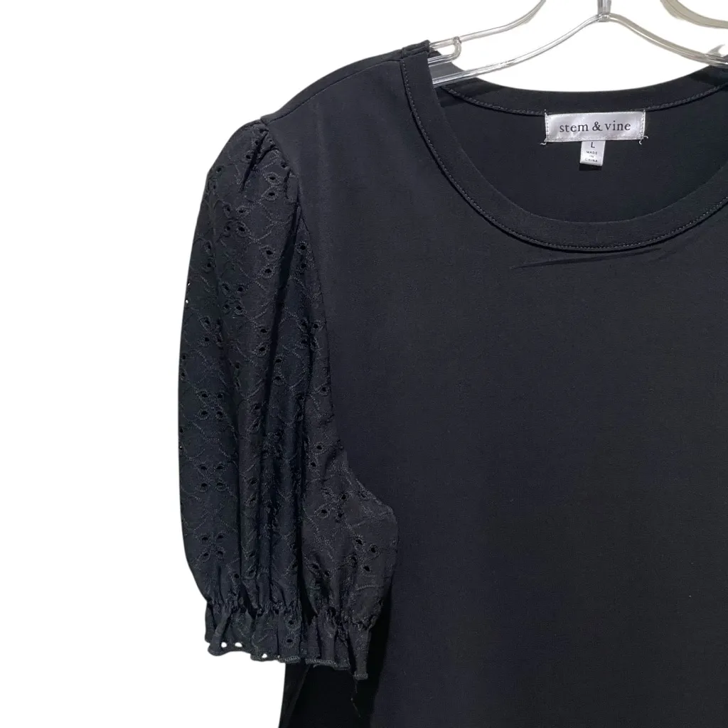 Stem & Vine Puff Sleeve Eyelet Short Sleeve Blouse Black Womens Size Large - Image 3
