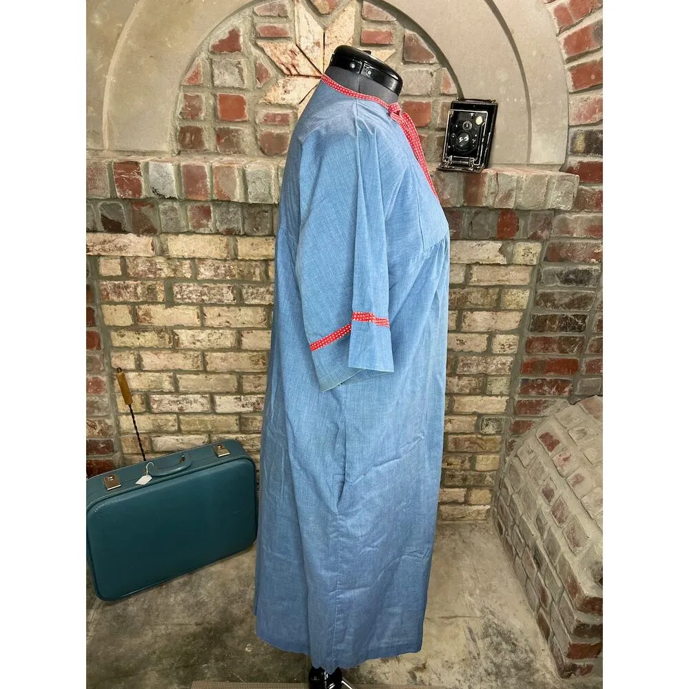 house dress duster Applique flower zip front blue red green rose cottagecore Size L - Image 9