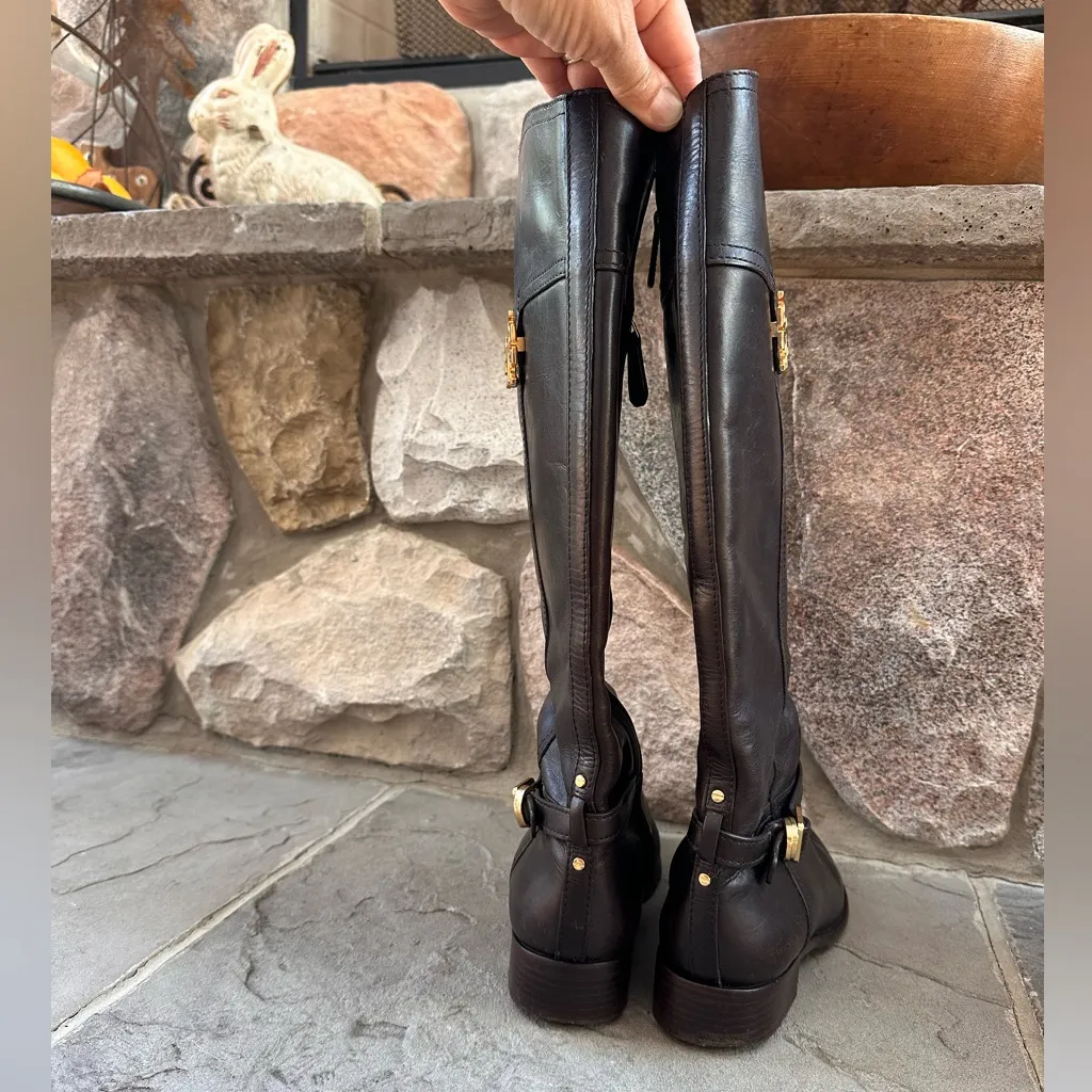 Tory Burch Eloise Brown Leather Gold Logo Riding Knee High Boot Shoes - Image 4
