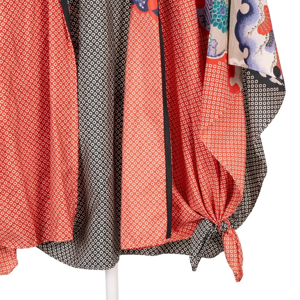 Boho Kimono Wrap VTG Floral Geometric Print 70s Hippie Gypsy Red Cream Festival - Image 3