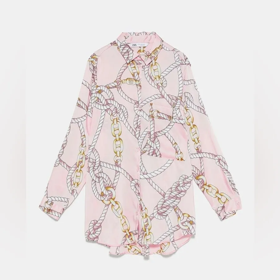 ZARA Knot Rope Oversized Button Down Blouse Blush Pink Collared Size XS - Image 3