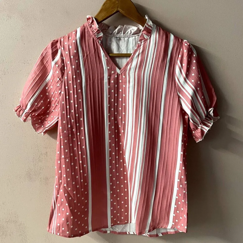 Pink Striped/Polka Dot Ruffled Neckline Top Size S EUC - Image 3