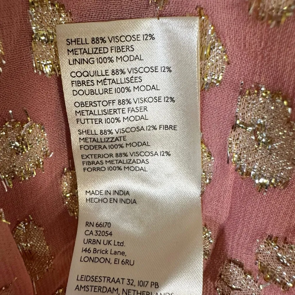 Anthropologie Maeve Long Sleeve Tie Neck Mini Dress Pink Rose Metallic Large NWT - Image 14