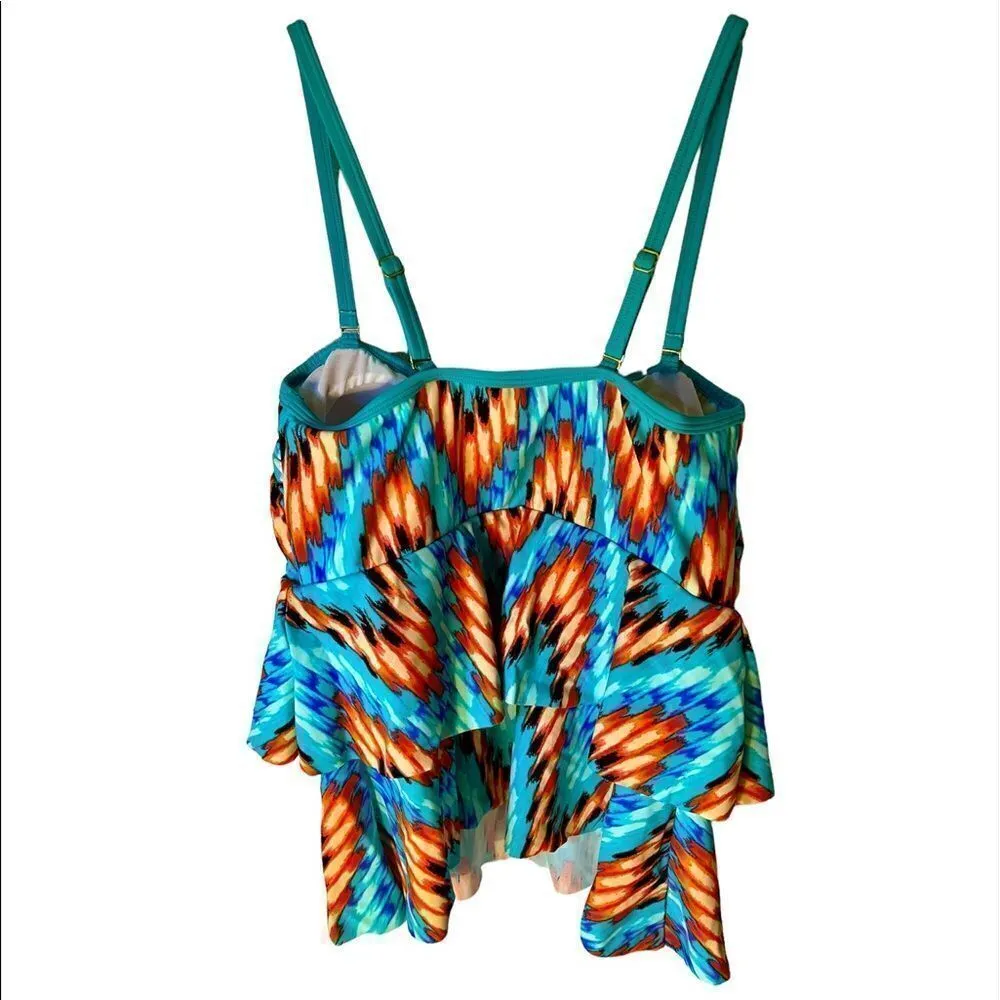 Venus Tankini Swim Top Stretch Ruffle Tiered Aztec Orange Teal Green Women Sz 6. - Image 2