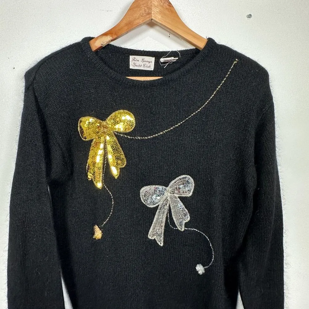 Vintage 80s Womens Sweater Christmas Palm Springs Yacht Club Sequin Bows Black Size M - Image 13