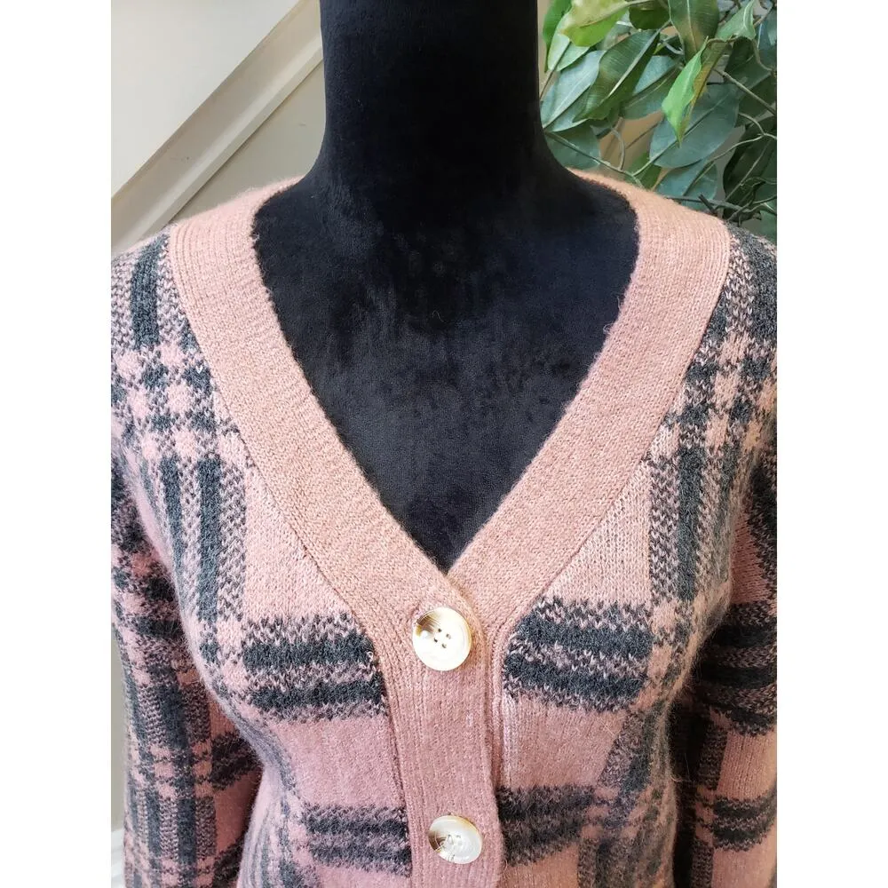 The Be Brand Cardigan Sweater Women's Medium Pink Plaid Stretch Button Front - Image 10