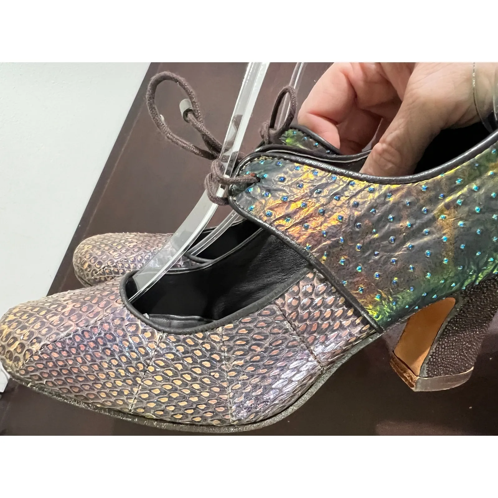 Koko Italian Tango Shoe Snake & Metallic Lace Up Heels Shoes Size 39 Brown - Image 12