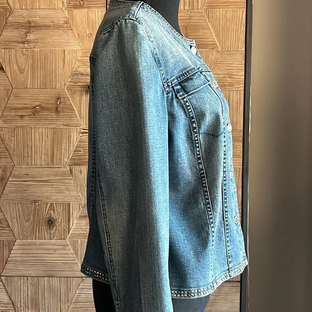 Chico's Platinum Womens Denim 1 Medium Wash Studded Button Front Preppy Academia - Image 10