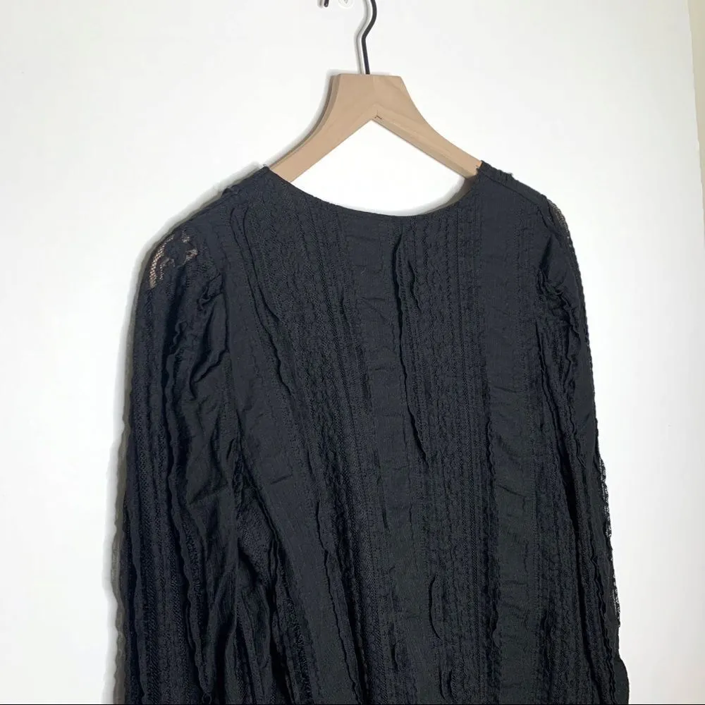 Vintage Button Front Lace Long Sleeve Top Black Size S Square Neck - Image 5
