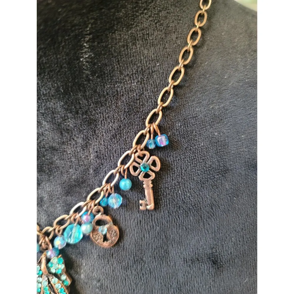 Women's Vintage Bronze Lobster Clasp Key Lock Blue Crystal Charm Necklace Gold - Image 5