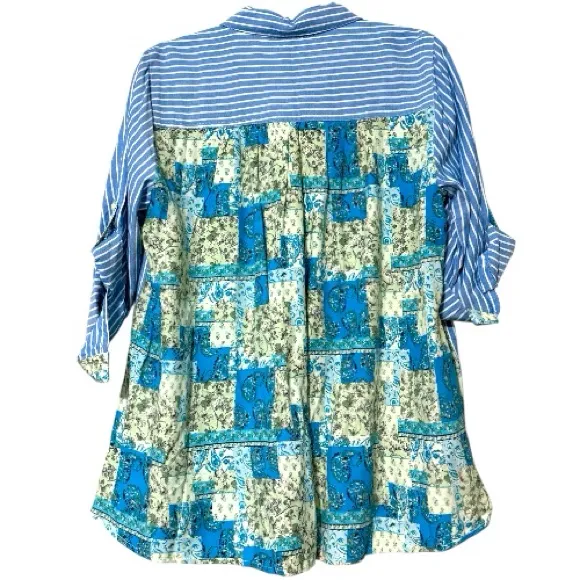 Intro women's size medium blue white striped 3/4 sleeve button down roll tab slv - Image 2