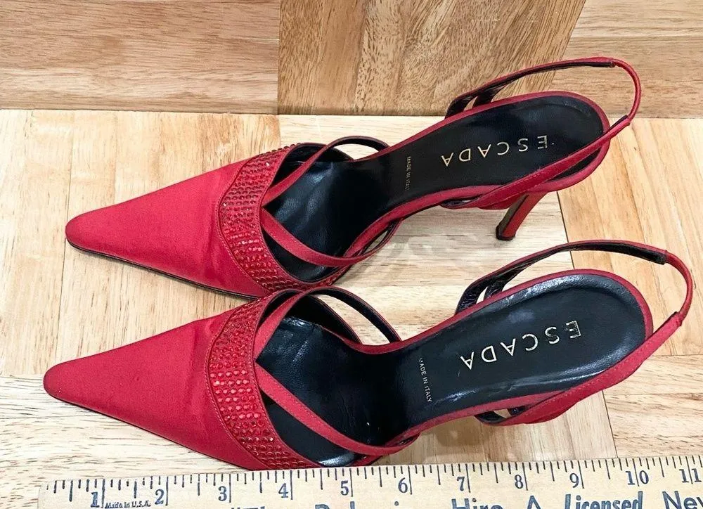 Vintage ESCADA Red Satin Embellished Pointy Toe Sling Back High Heels Pump 37 Size 6 - Image 7