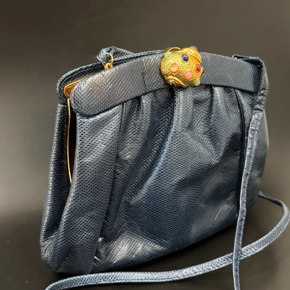 Vintage Navy Lizard Leather Goldtone Shell Gripoix Bead Clasp Evening Clutch Bag Blue - Image 3