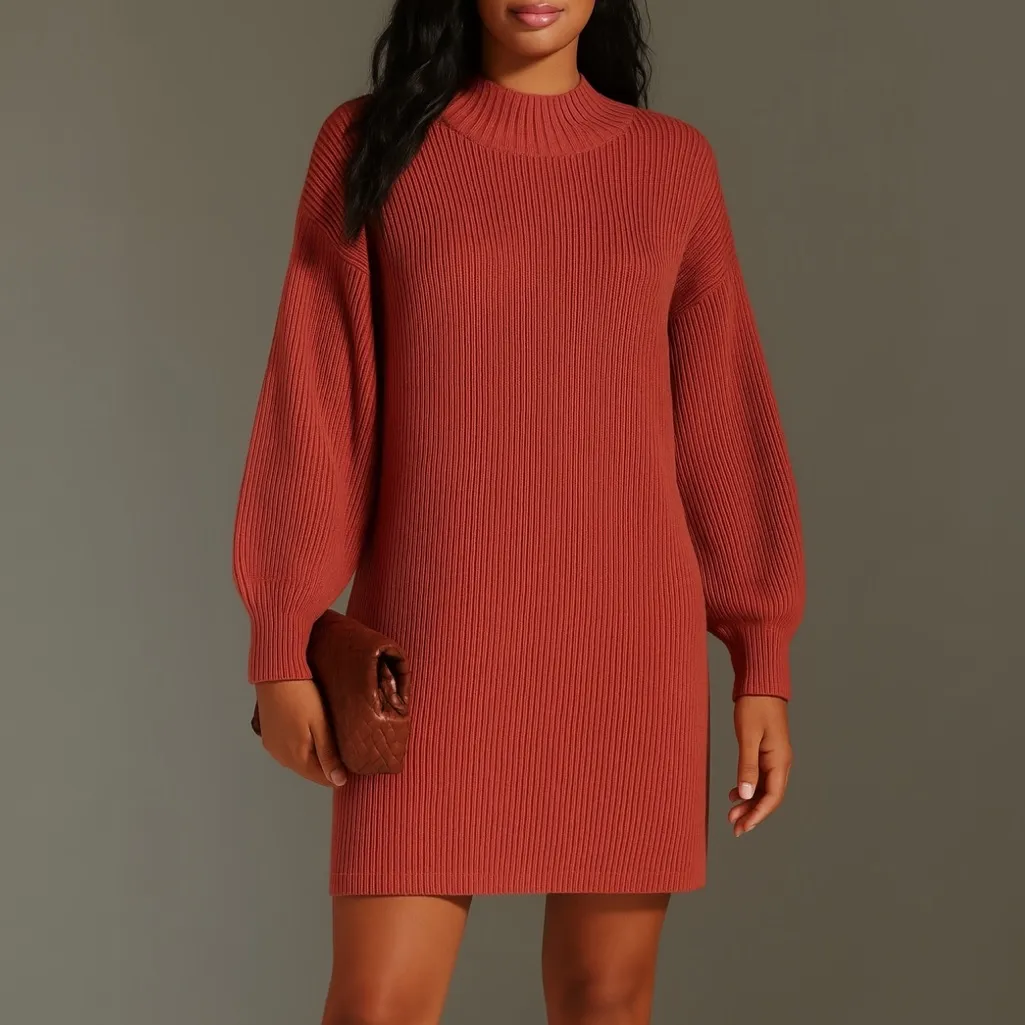 NWT Maeve Anthropologie Cedar Mock Neck Knit Sweater Dress Sz Large Rust Brown - Image 13