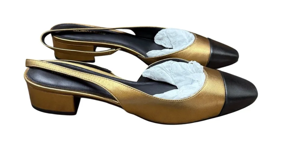 Veronica Beard Cecile Slingback Heels Women’s Sz 7.5 Black Gold Leather Cap-Toe - Image 1