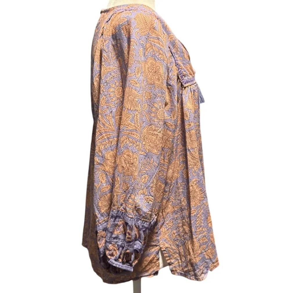 Cleobella Floral Boho Blouse | Cotton Tassel Tie | Size M Lavender Tan Floral - Image 5