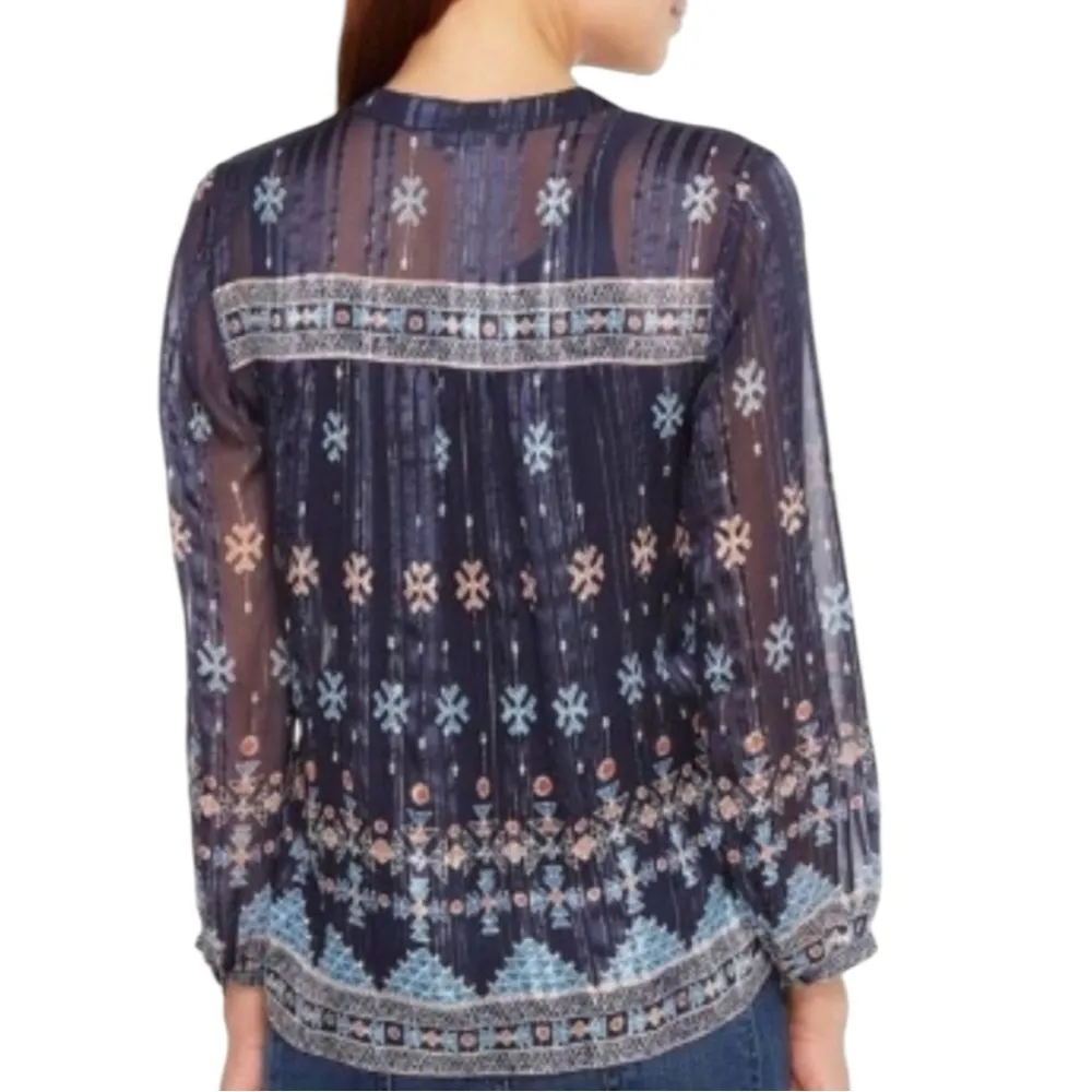 Joie Sendoa Metallic Silk Geometric Print Blouse In Navy - Image 4