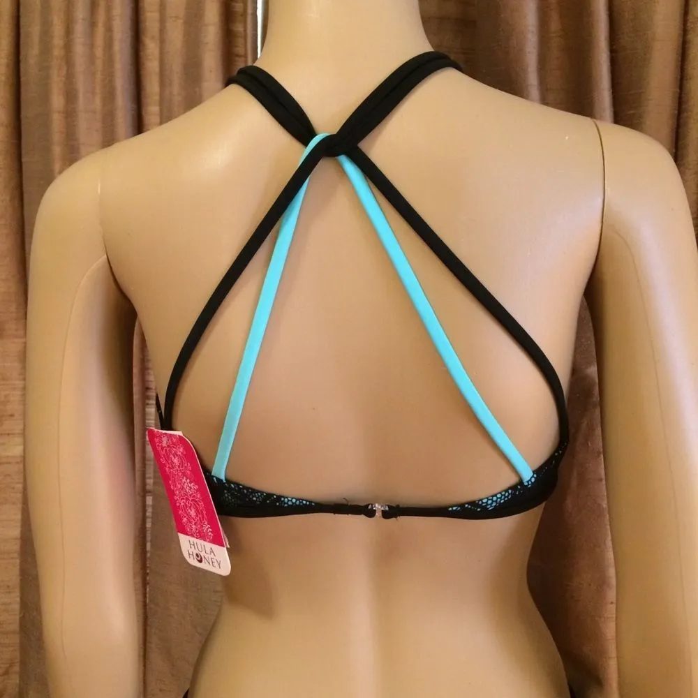 Hula Honey Women's Black Knit Lace Strappy Bikini Powder Blue Lined Size M-NWT - Image 5