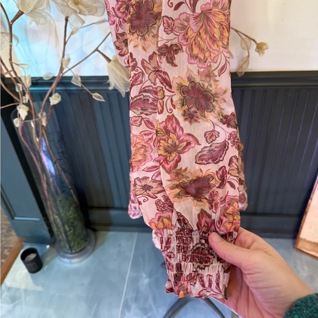 Greylin Floral Ruffle Smocked Waist Balloon Sleeve Mini Dress ~ Size XS 🧡🍄 - Image 4