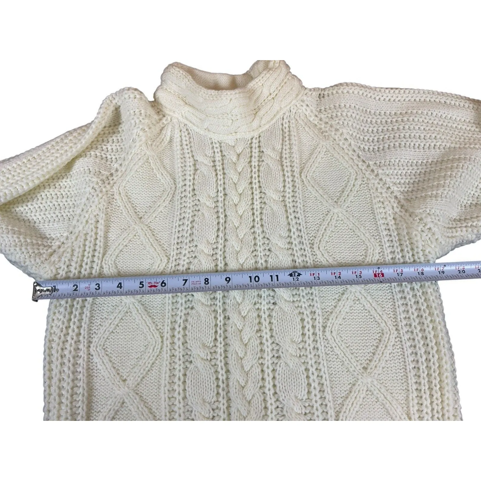 VTG 90s Carriage Court Cable Knit Sweater M Relaxed Fit Ivory Cream Mock Neck Size M - Image 8