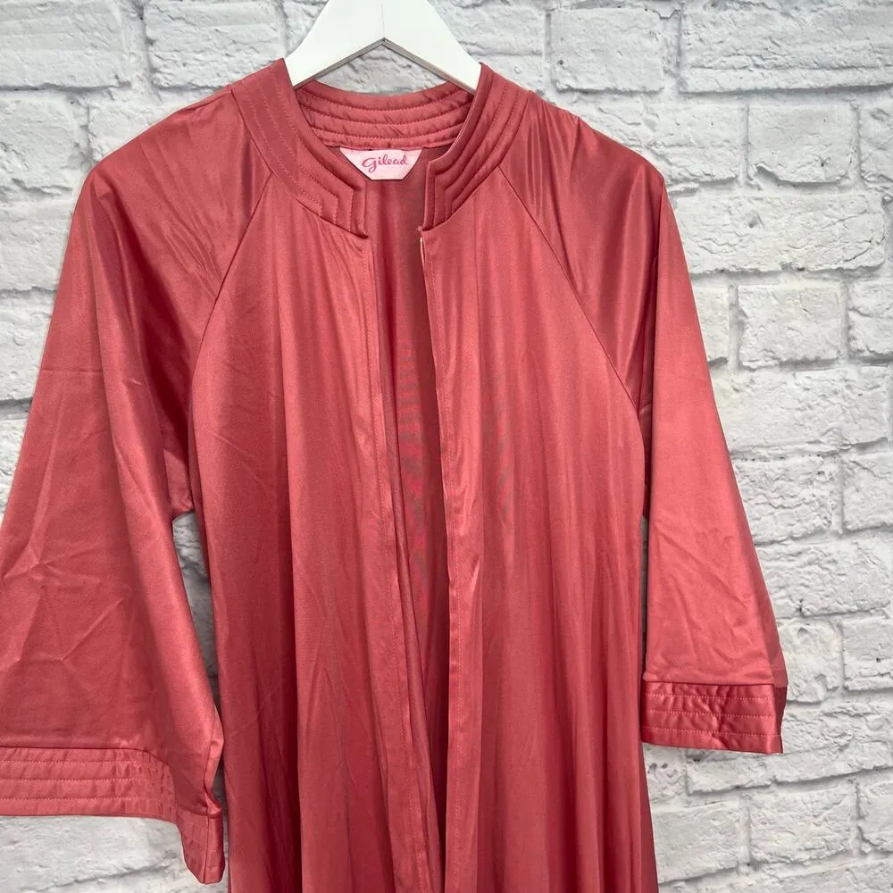Vintage 70s Gilead Mauve Pink Maxi Gown 1/2 Zip Size S Satin House Dress 55" - Image 4