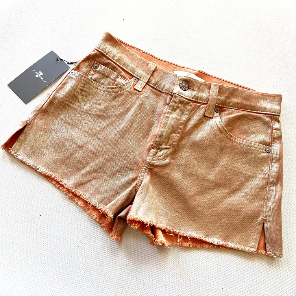 7 for all Mankind Rose Gold Metallic Denim Cut Off Shorts - Image 6