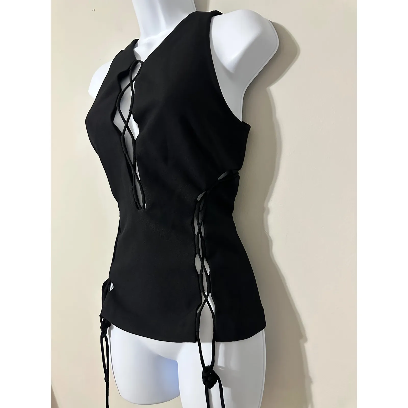 Kendall + Kylie Black Lace‎ Up Peplum Cut Out V Neck Sleeveless Top XS - Image 3