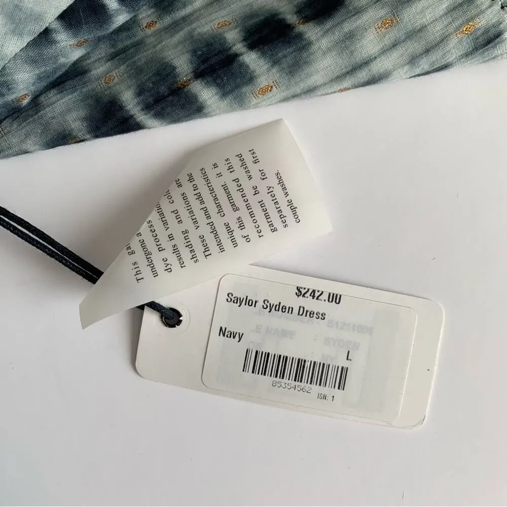 Saylor Syden Navy Tie Dye Gold Metallic V-neck Tiered Boho Mini Dress Large - Image 5