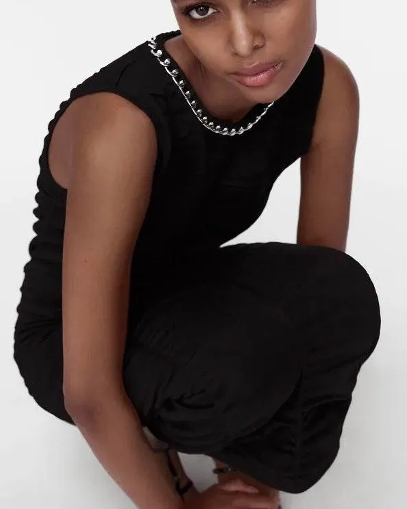 NWT  Chain Trim Black Draped Midi Dress - Image 5