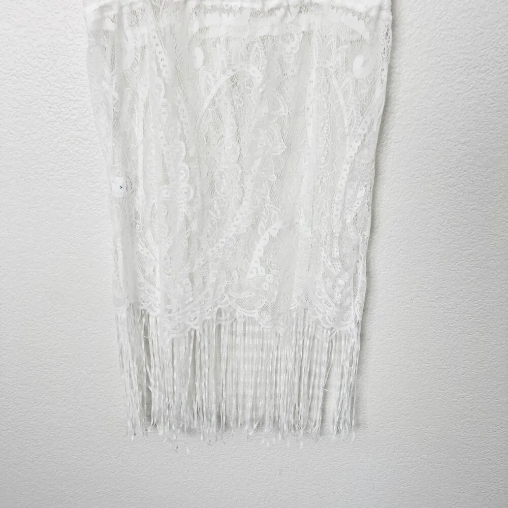 [Costyleen] White Fringe Hem Scoop Neck Sheer Beach Swim Coverup NWT Sz Medium M - Image 5