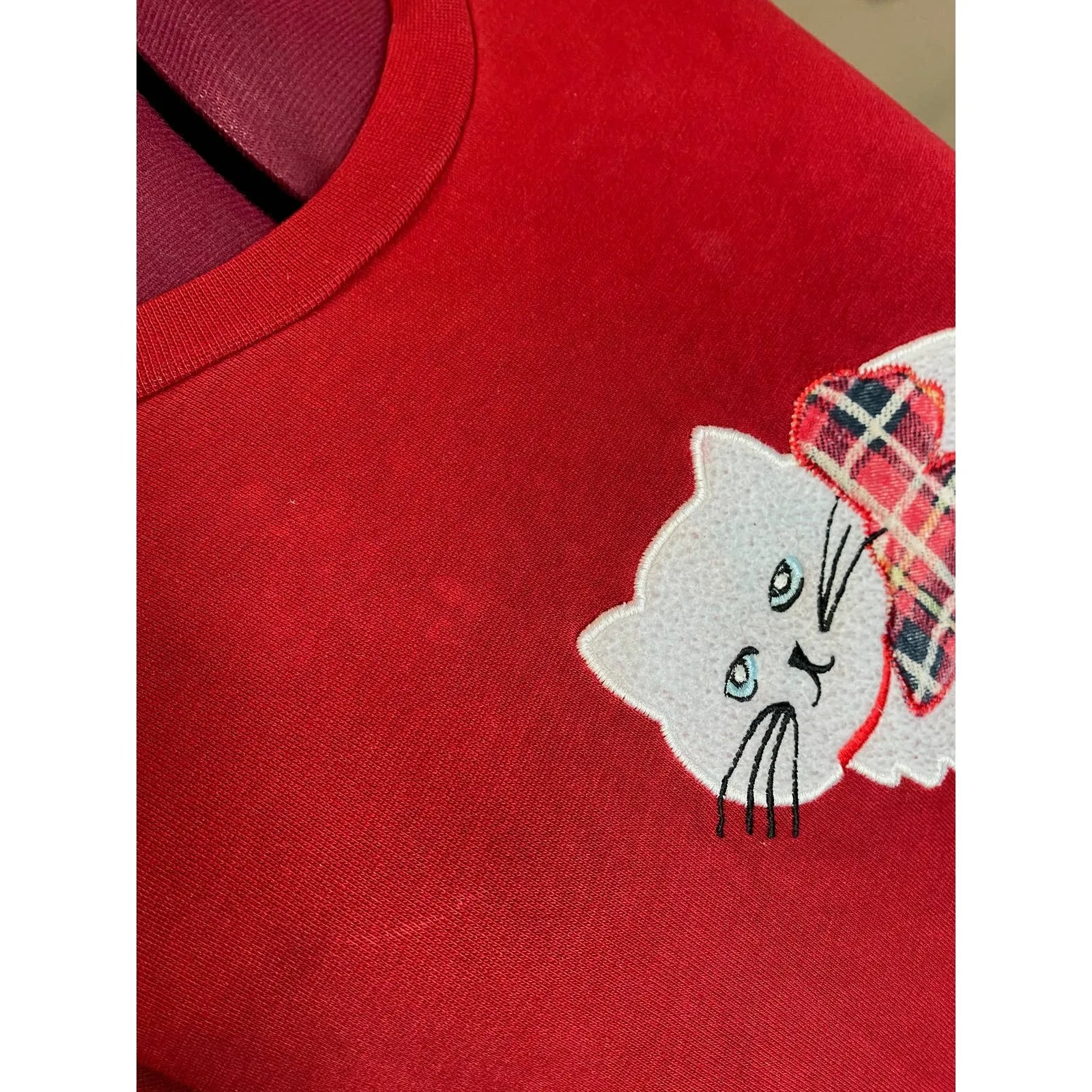 sweatshirt dress nightgown fuzzy cat plaid bow red white Size L - Image 5