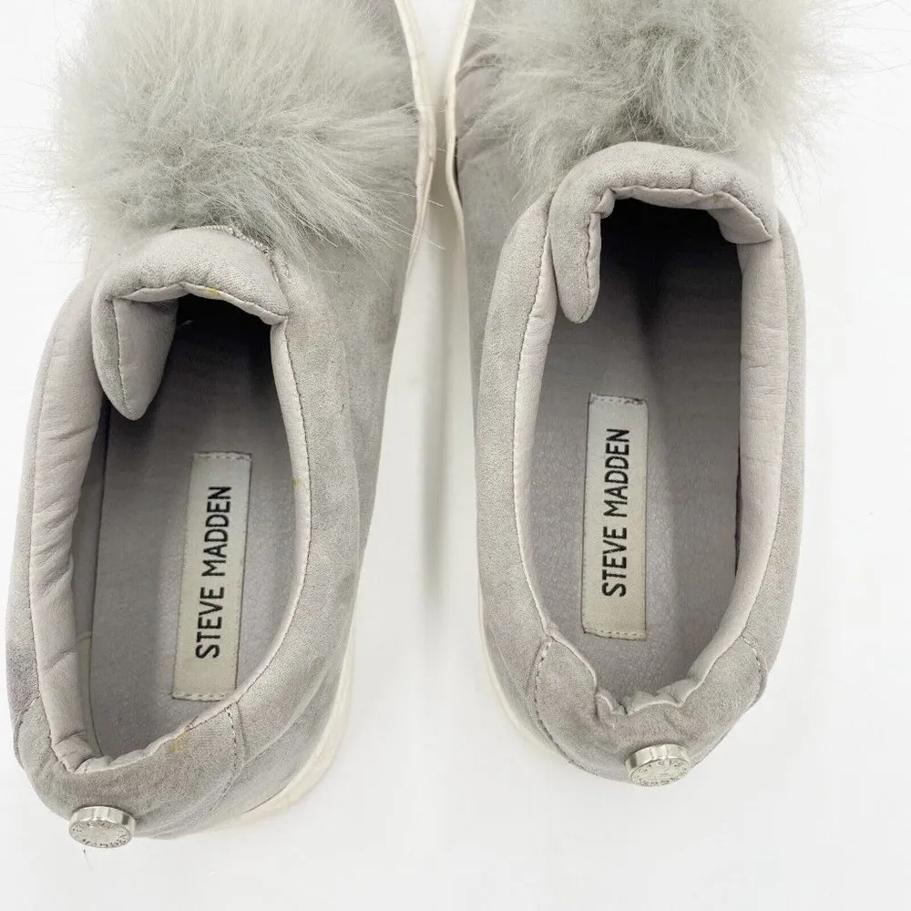 Steve Madden Jaeda Women's Sz 7 Gray Suede  Pom Pom Slip-On Platform Sneaker - Image 5