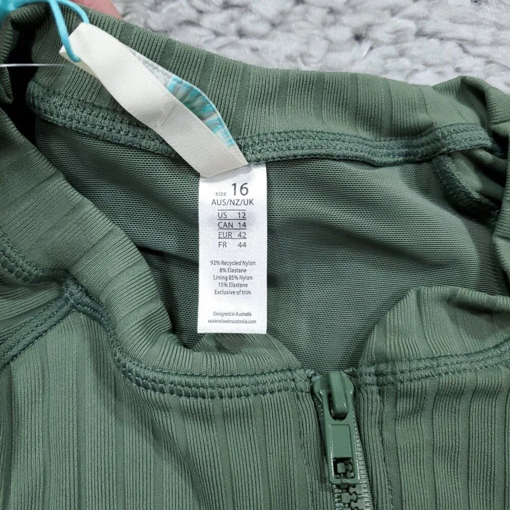 Sea Level Vesper Long Sleeve One Piece Ribbed Zip Swimsuit Size 12 Sage Green - Image 6