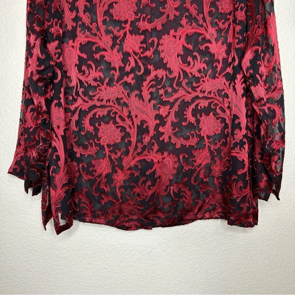 Chico’s Silk Blend Red Burnout Button Front Long Sleeves Tunic Shirt - Image 9