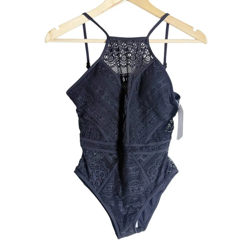 Becca Color Play High Neck Crochet Navy Blue One Piece Swimsuit Size Small - Image 5