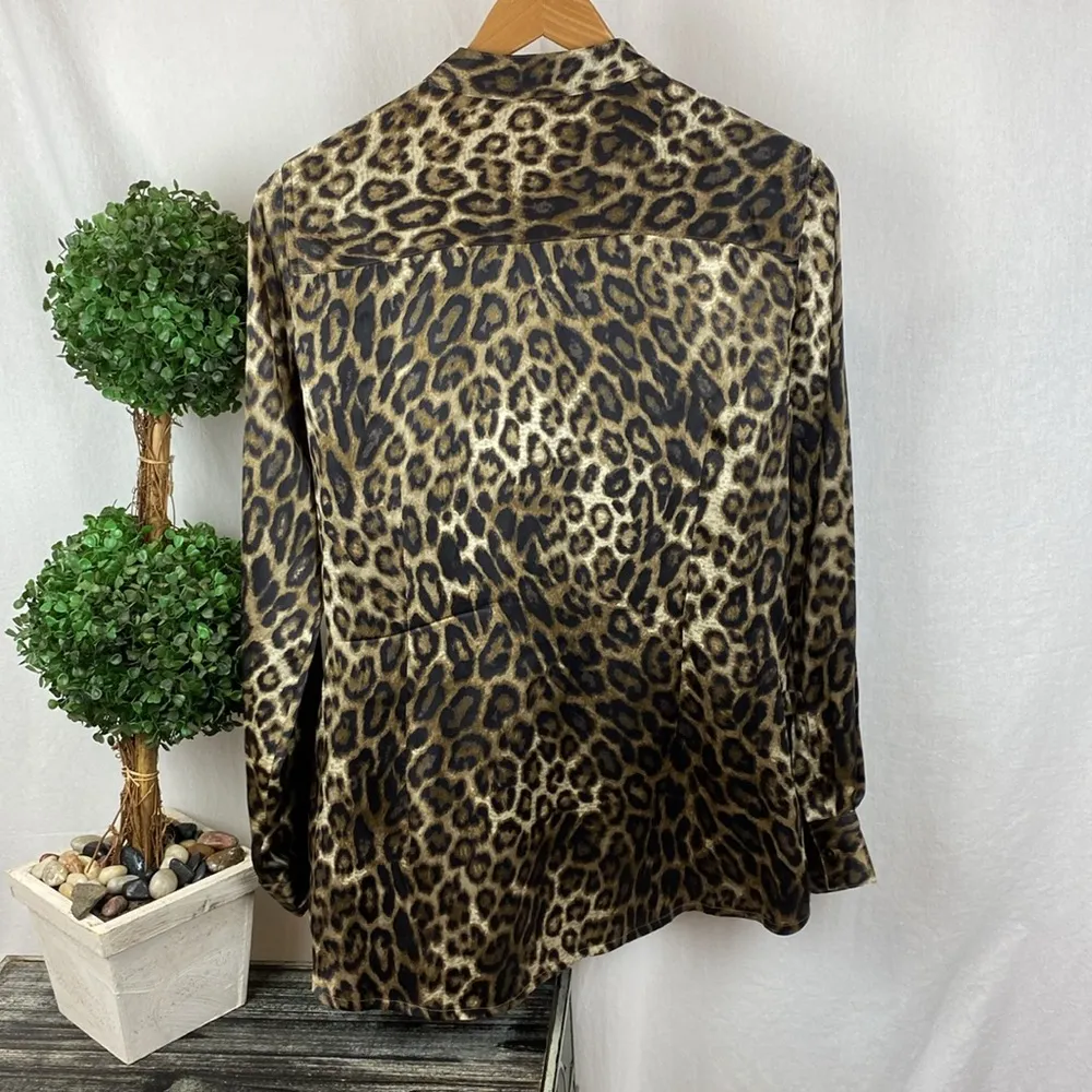 Worth Silk Black & Brown Leopard Animal Print Long Sleeve Button Up Blouse Top M - Image 2