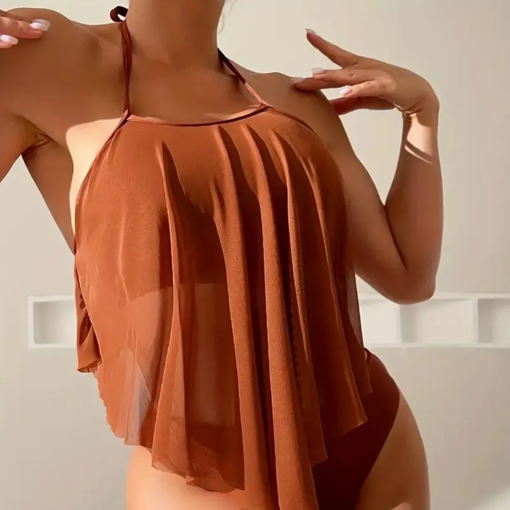 Caramel Solid Color Two Piece Bikini Sets Swimsuit, Halter Neck High Waist Size M - Image 7