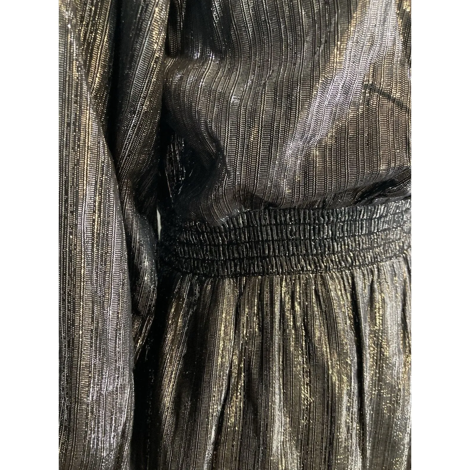 LOFT Dress Black Metallic Acubi Goth XSP Smocked Waist Puff Sleeve Mini NYE NEW - Image 5