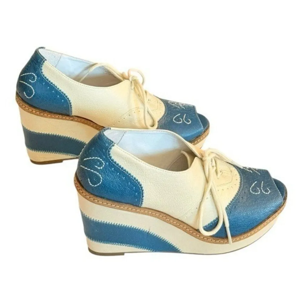 ANTHROPOLOGIE Pilcro & The Letterpress Brighton Oxford Wedge Heel Size 7 Blue - Image 6