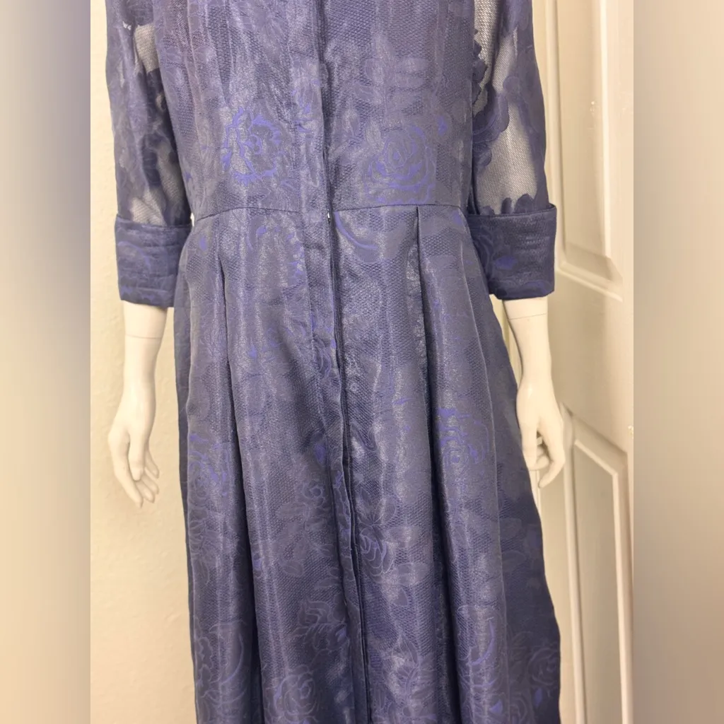 TERI JON Navy Blue Formal Shirtwaist Gown Organza Jacquard Modest Sleeves S 14 Size 12 - Image 5