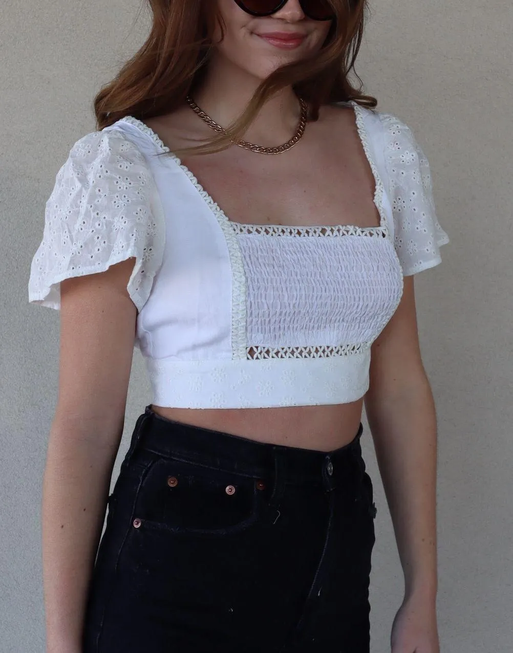 White Eyelet Tie Back Crop Top - Image 10