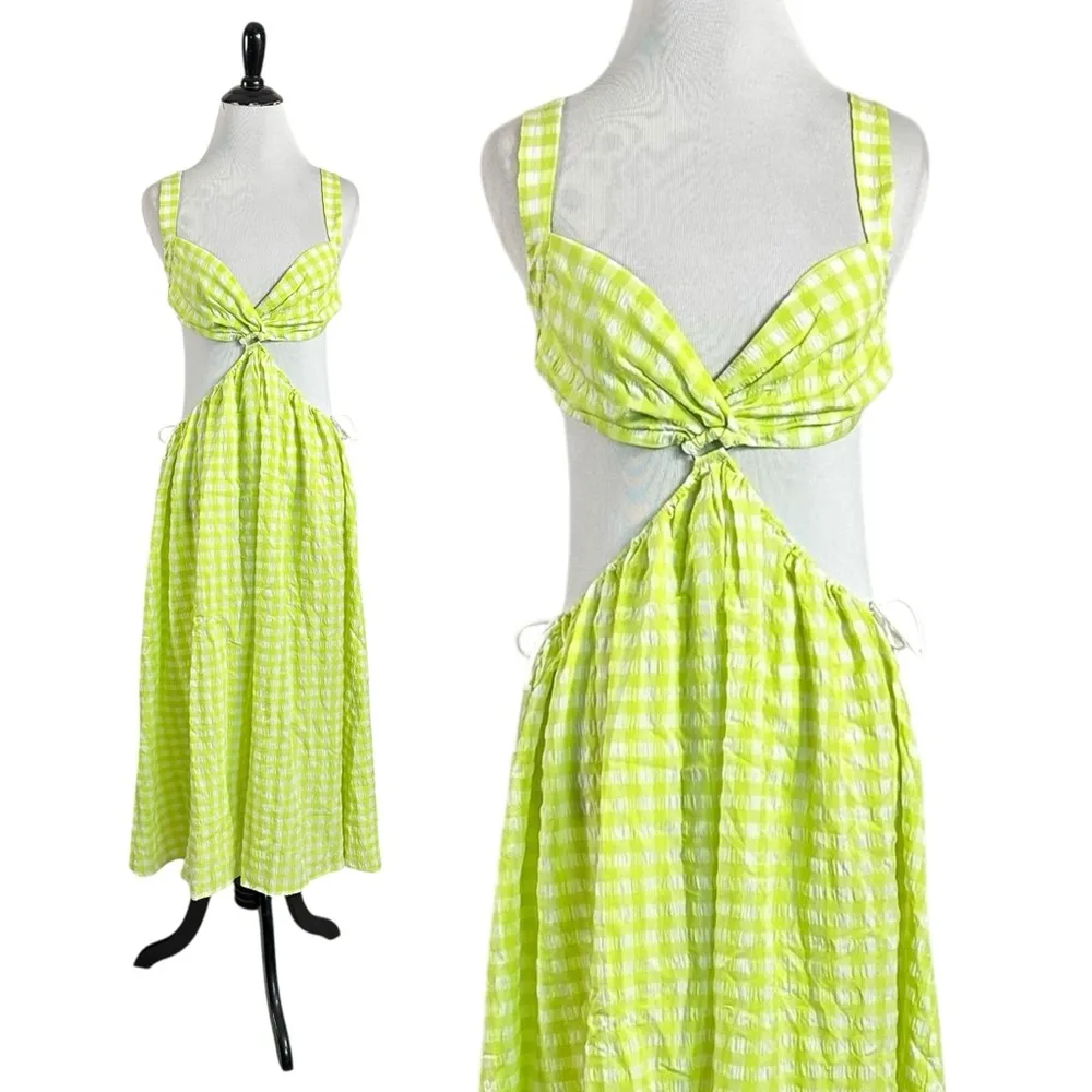 For Love & Lemons Maureen Midi Dress Size Small Neon Green Gingham Cut Out NWT - Image 8