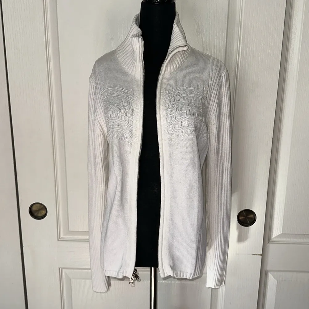 VINTAGE EDDIE BAUER SPORT WHITE KNIT RIBBED ZIP UP SWEATER APRES SKI Size L - Image 3