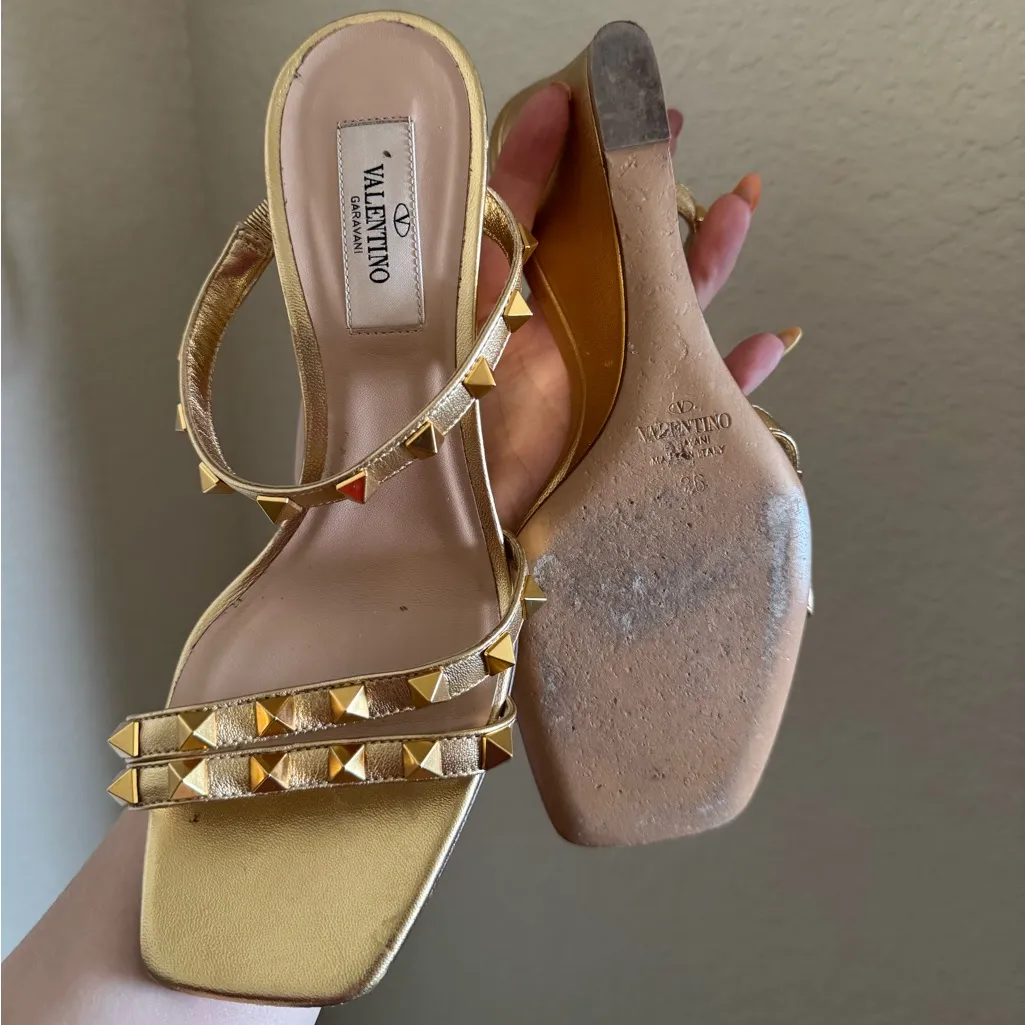 Valentino Garavani Rockstud Wedge Sandal Sz 36‎ Gold - Image 6