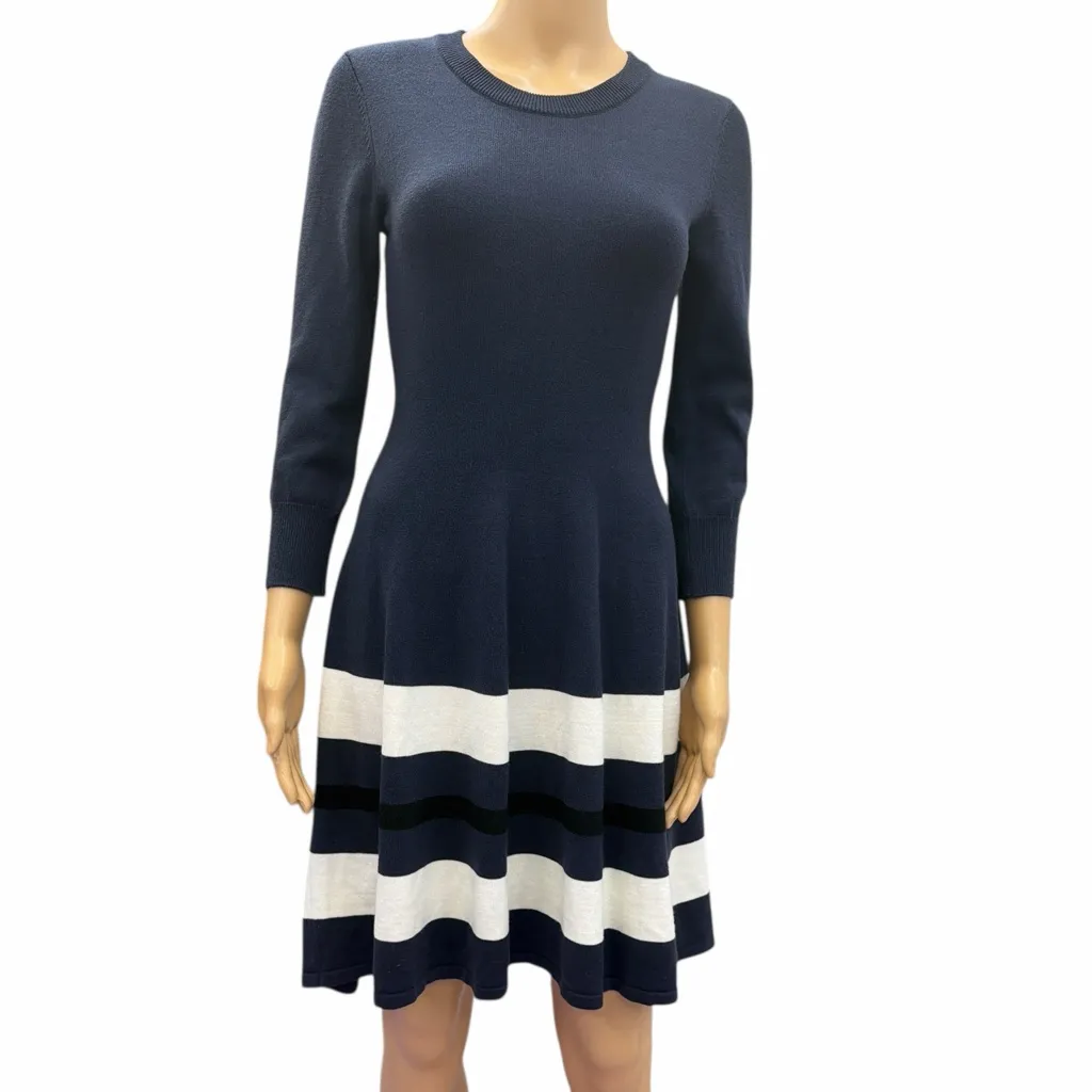 Vince Camuto Navy Striped Fit & Flare Sweater Dress Womens Small - Image 3
