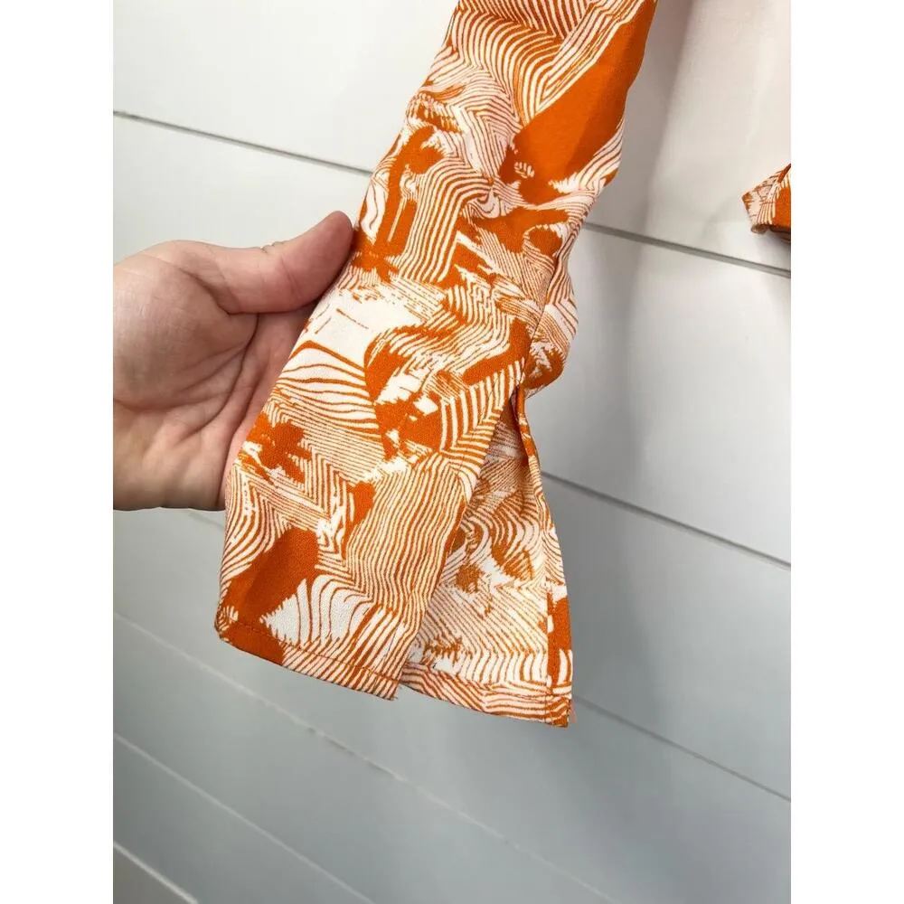 Open Edit Orange White Cowl Neck Long Sleeve Top XXS Smocked Back - Image 4